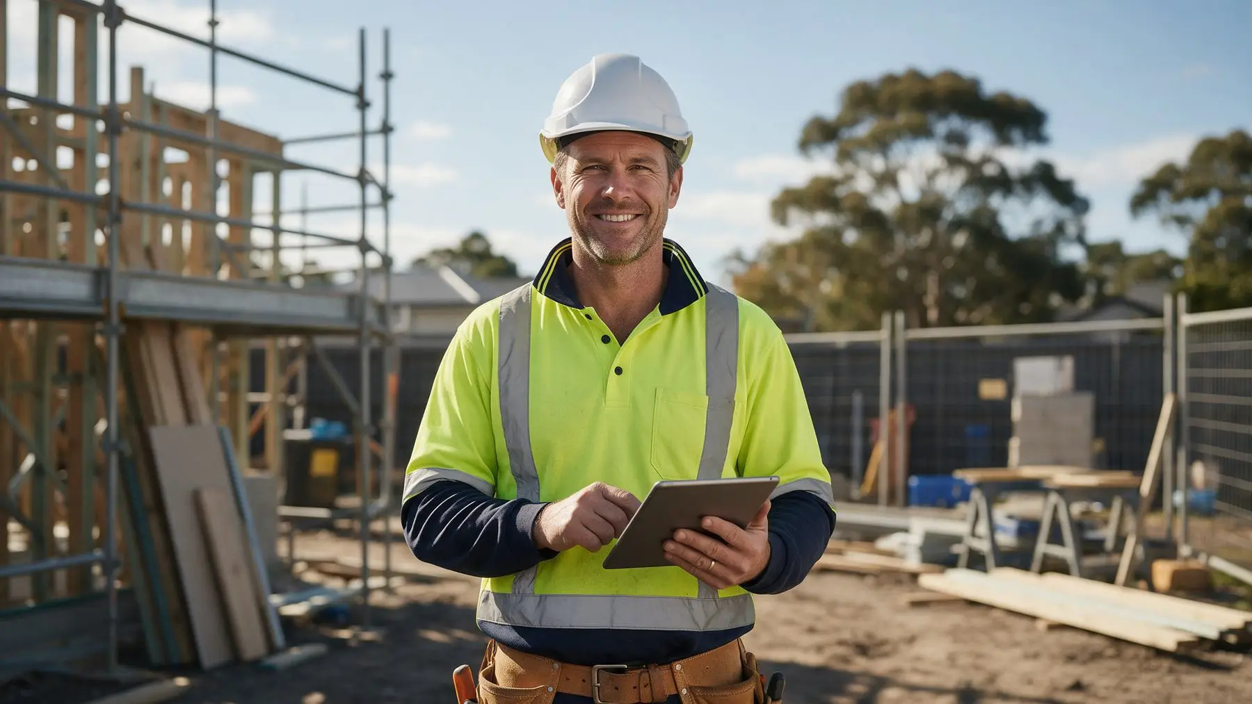 Builder in hi-vis on a building site with a tablet, fast secured business loans