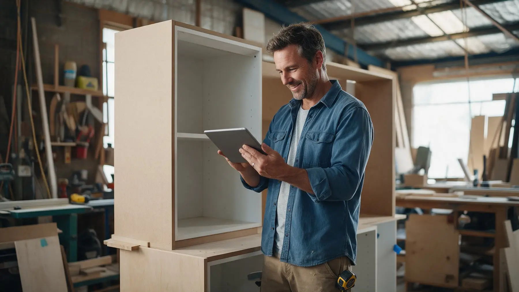 Cabinet maker checking a tablet in his workshop, how much a company can borrow