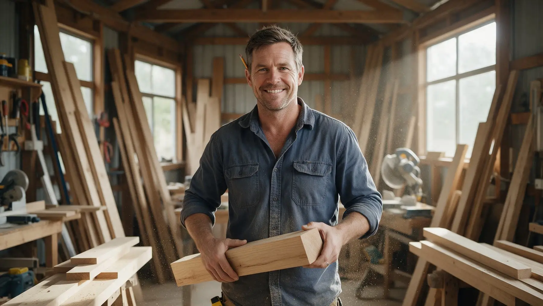 Australian carpenter holding timber in his workshop, fast loans for carpenters