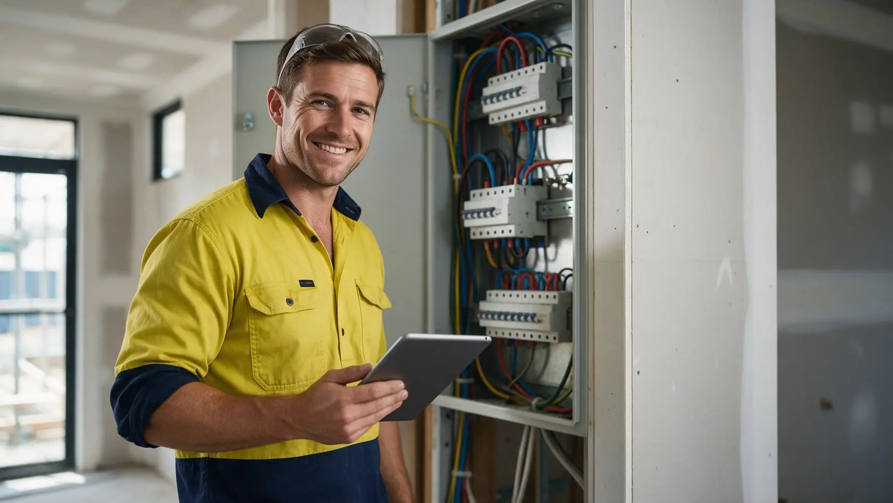 Australian electrician at an open switchboard, fast loans for electricians