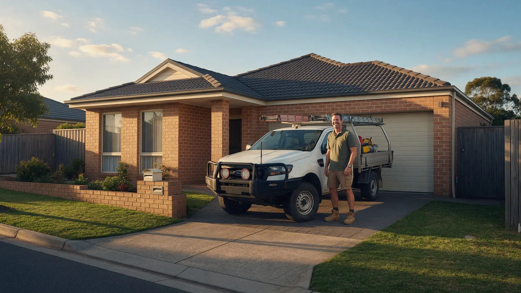 Business owner beside his ute in the driveway of his brick home, how much can be borrowed against property