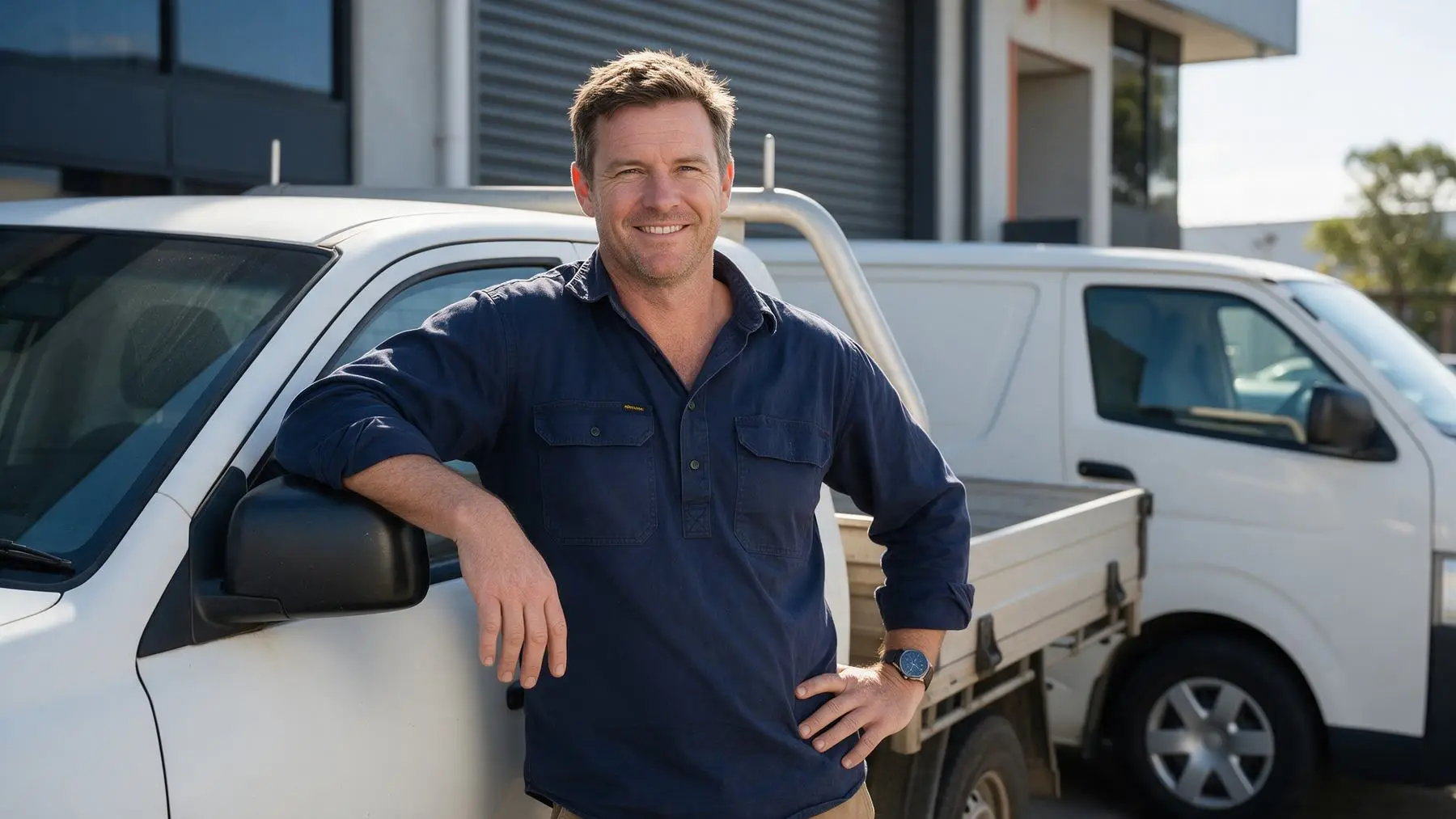Business owner leaning on his company ute beside a van, vehicle secured business loans
