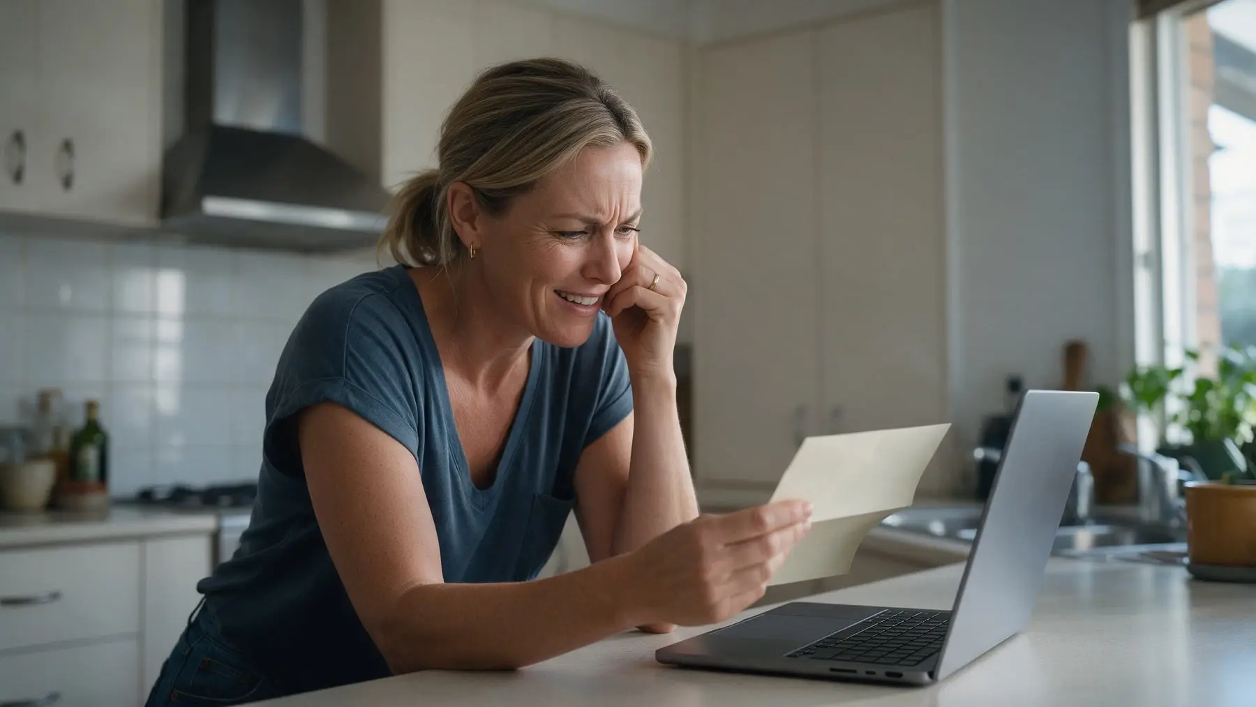 Business owner reading a letter at the kitchen bench after being rejected by a cash flow lender