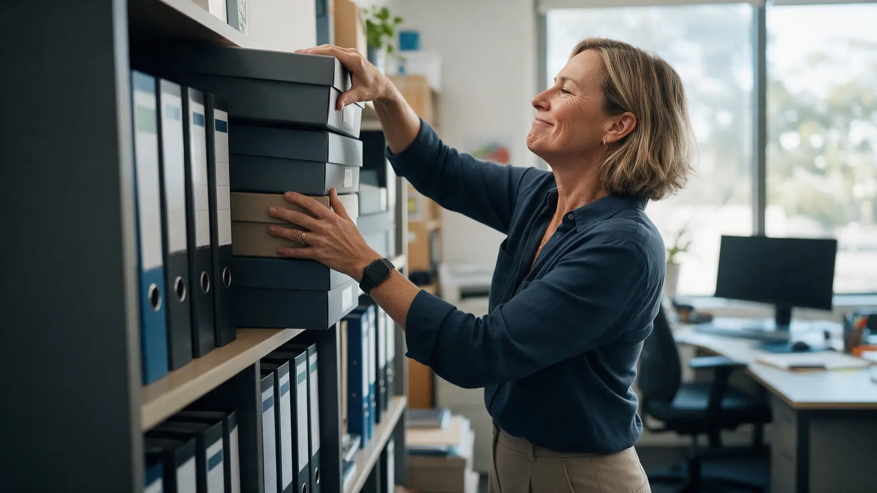 Business owner stacking neat box files, consolidating cash flow loans into one