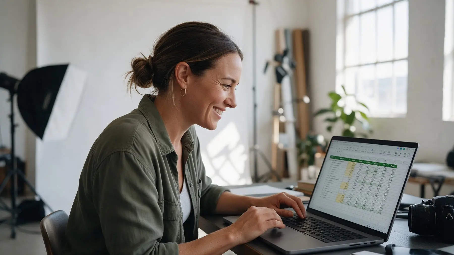Photographer reviewing a forecast on a laptop, business loans with no reliable cash flow