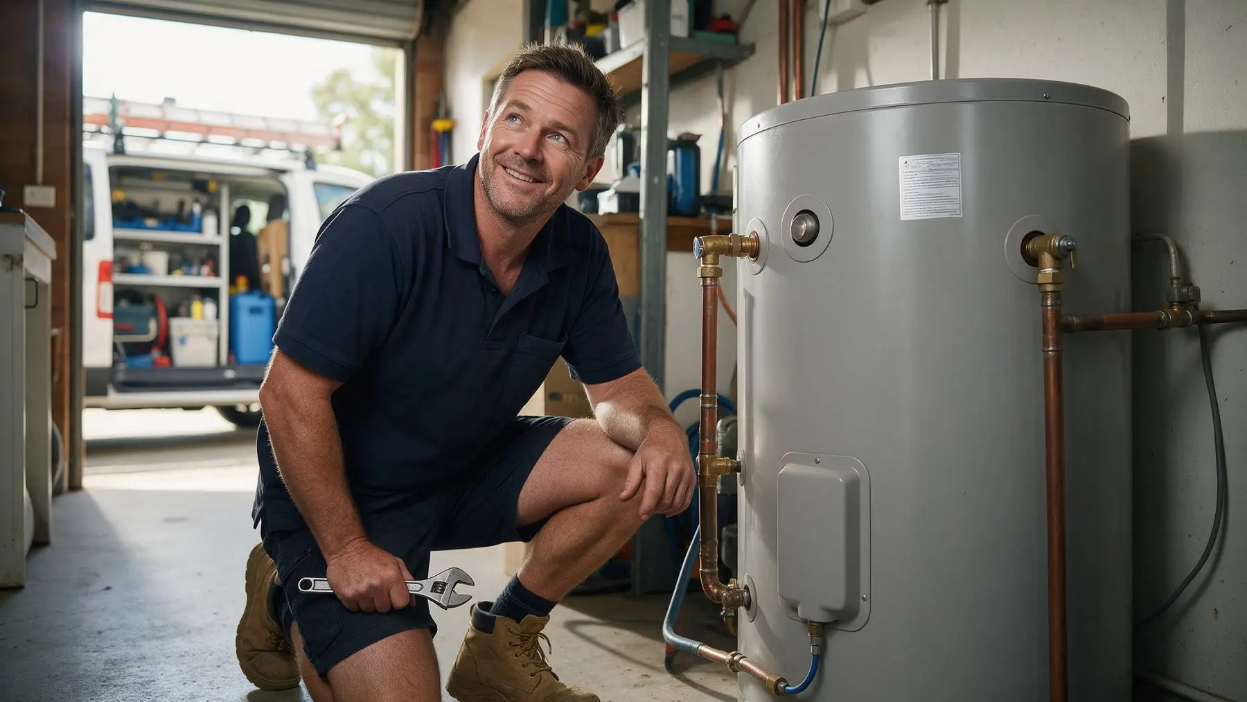 Australian plumber installing a hot water system, fast loans for plumbers