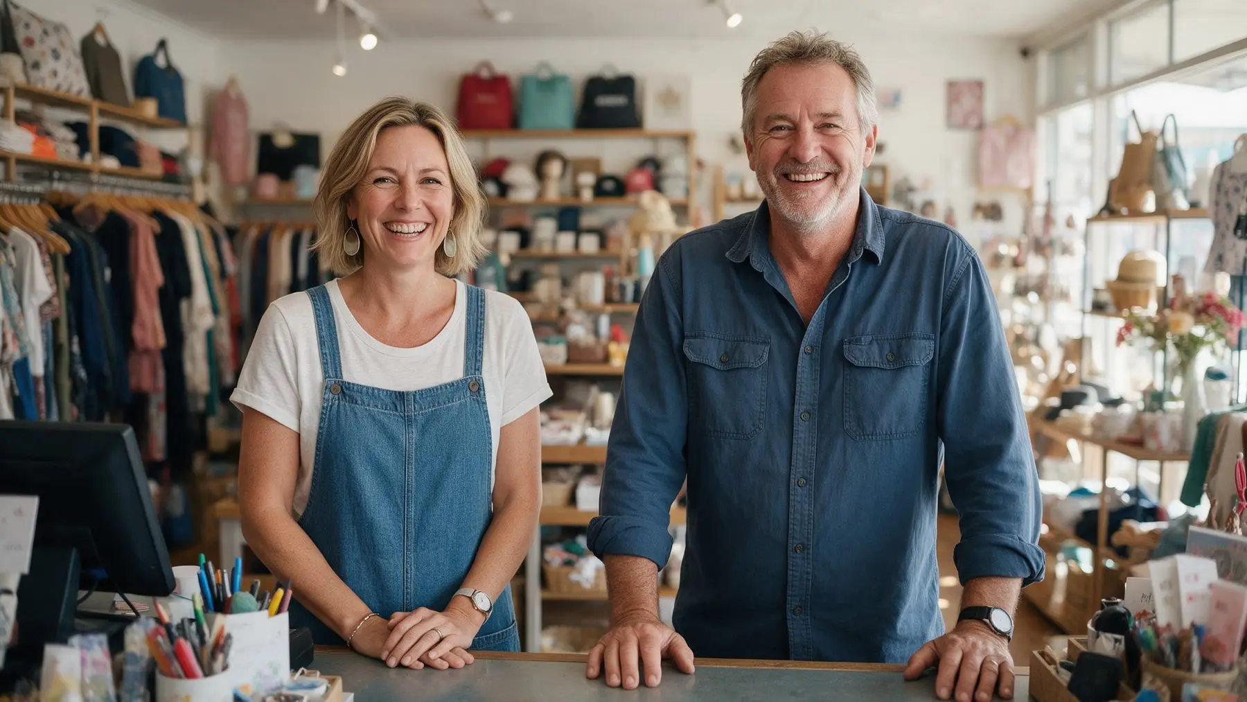 Happy Australian retail shop owners behind the counter of their shop, needing an unsecured business loan