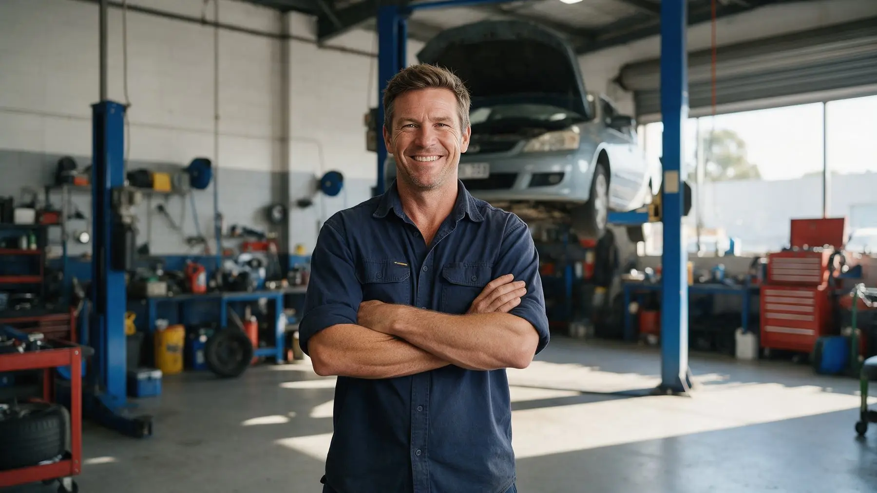 Confident workshop owner with arms folded, a business loan with no cash flow records needed